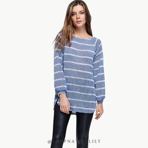 White Birch Striped Balloon Sleeve Sweater Size Large Light Blue Knit NWT